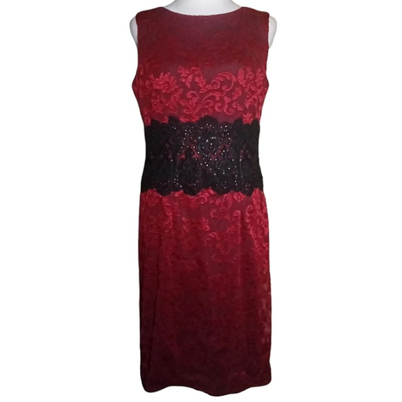 Alex Evenings Red Lace W/ Black Lace Waist Trim Knee Length Dress Size 6 - Picture 1 of 8